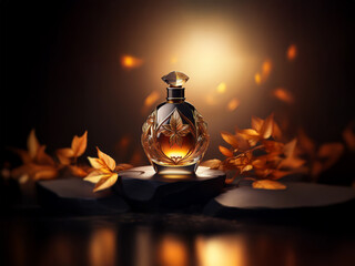 Poster - A glass bottle of perfume sits on a platform of dark rocks, surrounded by glowing golden leaves.