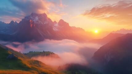 Wall Mural - breathtaking sunrise over the dolomites with mist rolling through the valley and glowing clouds illu