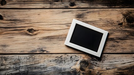 Wall Mural - Vintage Polaroid frame on a light beige wooden surface, featuring a minimalist design with an empty black photo space, complemented by subtle wood grain texture and soft natural lighting.