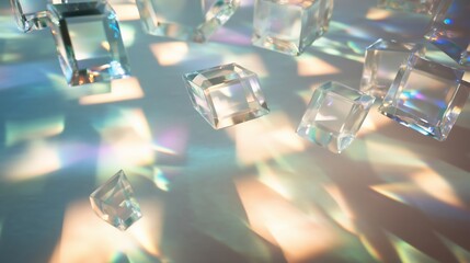 Poster - Colorful reflections from clear glass crystals scattered on a surface with soft light illuminating the scene