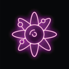 Poster - Neon atom icon glowing on dark purple background, concept of scientific discovery