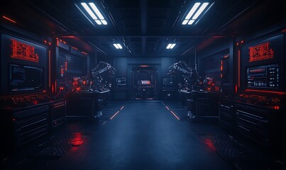 Aufkleber - A futuristic, dimly-lit control room featuring glowing red and blue lights with advanced technology and digital displays.