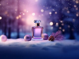 Poster - A glass bottle of perfume sits on a snowy surface with pink ornaments and a pine cone, surrounded by a wintery background with bokeh lights.