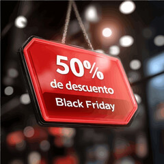 Bold red sale tag vector with '50% de descuento' for Black Friday, ideal for promotions and retail advertising.