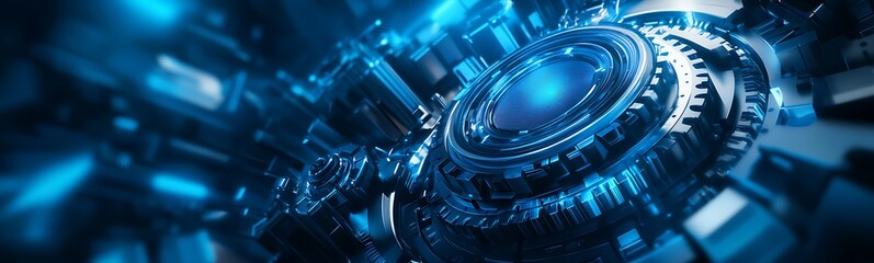 Poster - A futuristic digital abstract, featuring swirling patterns of blue light and intricate structures, suggesting advanced technology and innovation.