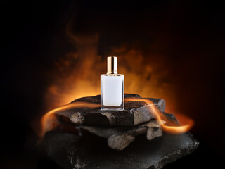 Poster - A white perfume bottle with a gold cap sits on a bed of black rocks surrounded by a fiery orange haze.