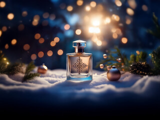 Poster - A perfume bottle sits on a bed of snow with bokeh lights and winter greenery in the background.
