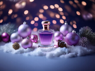 Poster - A purple perfume bottle sits on a bed of white snow surrounded by festive ornaments and pine branches with a backdrop of twinkling lights.