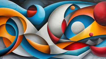 Aufkleber - Abstract composition with rounded shapes and vibrant colors, featuring blue, red, and orange elements. artwork evokes sense of movement and harmony