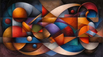 Poster - Abstract composition with rounded shapes and vibrant colors creates dynamic visual experience. interplay of forms and hues evokes sense of movement and energy