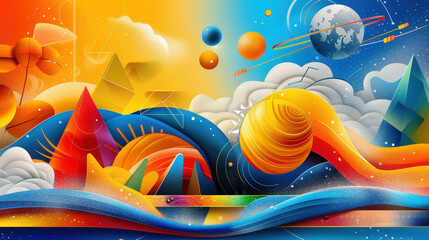 Aufkleber - Vibrant abstract design featuring geometric shapes and colorful elements representing cosmic landscape. artwork captures sense of wonder and creativity, perfect for celebrating New Year 2024