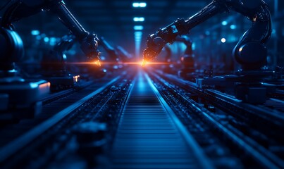 Aufkleber - A futuristic industrial scene featuring robotic arms engaged in a precision task, illuminated by bright lights on a production line.