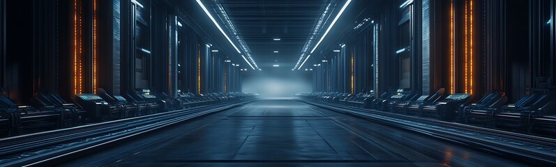 Poster - A dimly lit, futuristic corridor lined with glowing lights and sleek structures, creating a mysterious and high-tech ambiance.