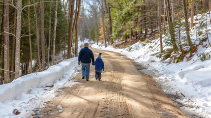 Wall Mural - person and child walking along snowy dirt path surrounded by trees, enjoying peaceful winter hike together. scene captures sense of adventure and tranquility