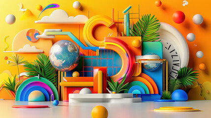 Aufkleber - Vibrant artistic representation of colorful abstract scene featuring geometric shapes, tropical elements, and globe, evoking sense of creativity and joy