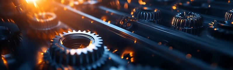 Fototapete - A close-up of intricate gears reflecting light, showcasing technology and machinery with an industrial aesthetic.