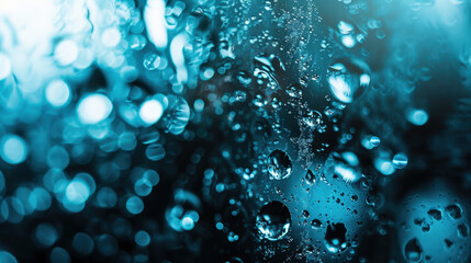 Aufkleber - Beautiful close up of water droplets on surface, creating mesmerizing blue background with bokeh effects. textures and reflections evoke sense of tranquility and freshness