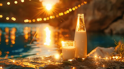 Poster - Fresh milk in glass and bottle on stone surface, illuminated by warm sunlight reflecting on water, creates serene and inviting atmosphere