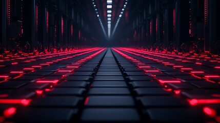 Fototapete - A dark corridor illuminated by red lights, featuring a futuristic design with a grid-like floor, evoking a high-tech atmosphere.