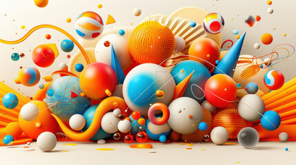 Aufkleber - Bright and cheerful design featuring colorful abstract shapes and spheres in vibrant orange, blue, and white tones, creating festive atmosphere for New Year 2025