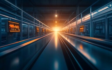 Aufkleber - A vibrant industrial scene showcasing illuminated conveyor belts leading towards a bright light source, suggesting a futuristic environment.
