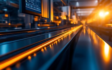 Leinwandbilder - A close-up view of modern industrial machinery showcasing illuminated conveyor belts in a high-tech environment.
