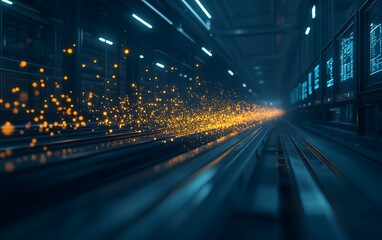 Poster - A futuristic tunnel illuminated with glowing particles, creating a dynamic sense of motion and energy in a high-tech environment.