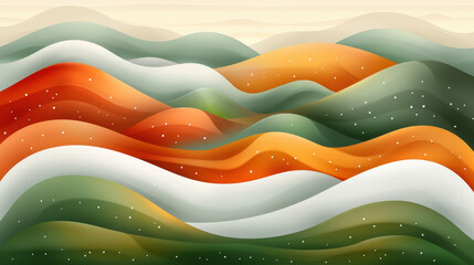 Poster - Colorful abstract composition featuring flowing waves in shades of green, orange, and white, creating serene and harmonious landscape