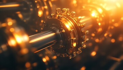 Poster - Close-up of a shiny gear mechanism illuminated by warm light, showcasing intricate details and craftsmanship in engineering.