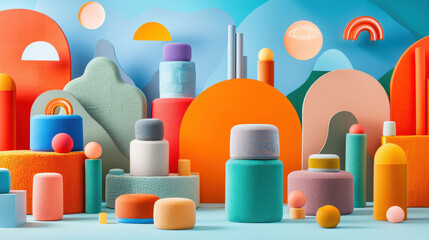Poster - Vibrant contemporary design featuring array of rounded shapes and colorful elements, creating playful and artistic atmosphere. composition includes various geometric forms and textures, evoking sense