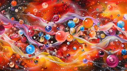 Aufkleber - Vibrant abstract artwork featuring colorful rounded forms and swirling patterns against dynamic red and black background, evoking sense of cosmic movement and energy