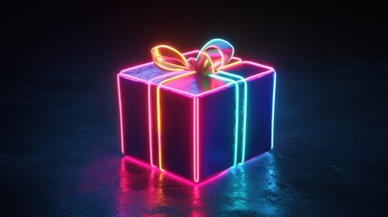 Poster - Neon Gift Box with Glowing Ribbon in Dark Setting
