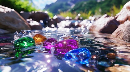 Poster - Crystal-Clear Mountain Stream with Smooth Stones