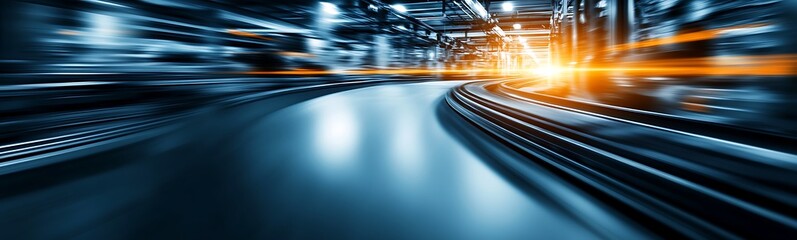Poster - Description:** A dynamic, blurred scene of a curving road illuminated by vibrant lights, suggesting speed and modernity.