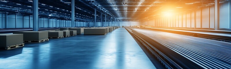 Aufkleber - A spacious warehouse interior with pallets and a conveyor belt, illuminated by warm sunlight streaming through the overhead lights.