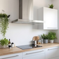 Poster - Minimal white kitchen interior plant countertop architecture.