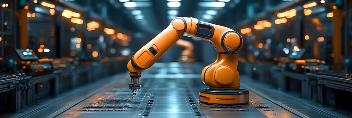 Leinwandbilder - An orange industrial robotic arm operating in a high-tech,automated manufacturing facility or factory. The robot arm is part of an advanced,computerized assembly line system designed for precision.