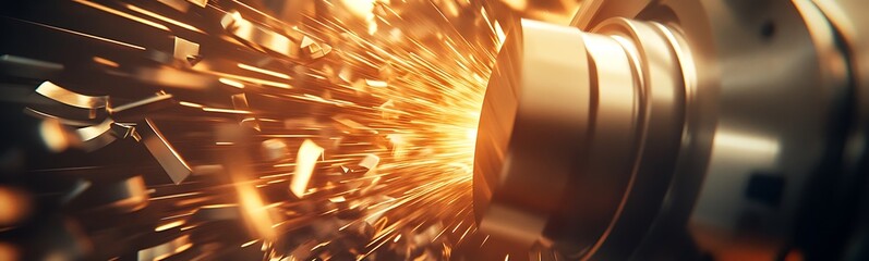 Fototapete - A close-up of a metalworking process showing sparks flying from a machine as it cuts or shapes metal.