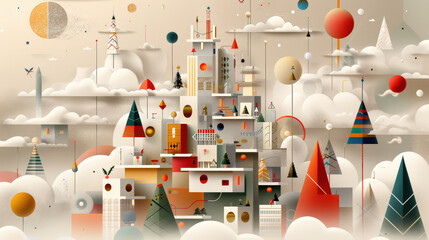 Aufkleber - vibrant and whimsical cityscape filled with colorful geometric shapes, trees, and clouds, creating festive atmosphere. This artistic representation evokes sense of joy and creativity
