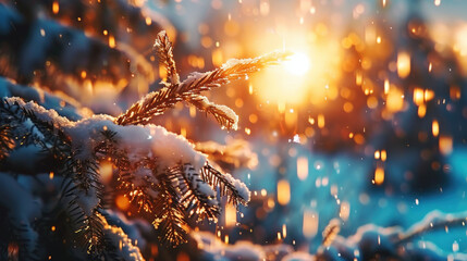 Wall Mural - beautiful winter scene featuring snow covered pine branch illuminated by warm sunlight, creating magical atmosphere with sparkling snowflakes falling gently