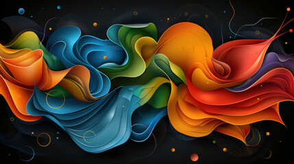 Aufkleber - Fluid and colorful wavy lines create abstract composition, showcasing vibrant hues of blue, green, orange, and red against dark background, evoking sense of movement and energy