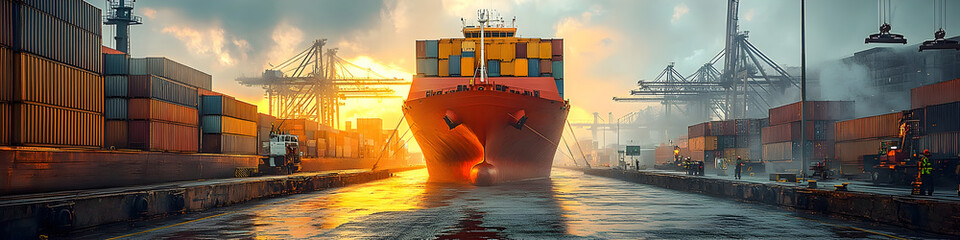 Poster - Bustling seaport at sunrise showcasing stacks of cargo containers and towering cranes in a global trade and commerce landscape. The image depicts the dynamic hub of international trade,logistics.