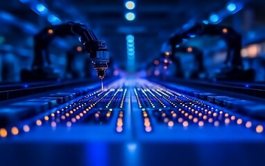 Aufkleber - A futuristic factory scene featuring robotic arms working on a conveyor belt, illuminated by blue lights and showcasing advanced automation technology.