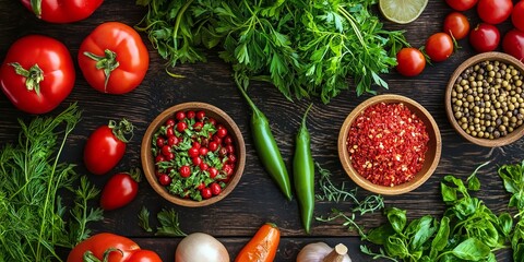 Wall Mural - An assortment of fresh vegetables and spices creates a vibrant culinary scene on a rustic wooden table.