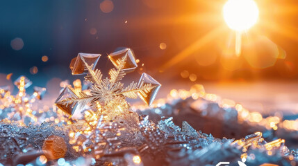 Poster - Frost crystals decorate glass surface, illuminated by warm sunlight, creating stunning winter scene. intricate details of crystals evoke sense of wonder and beauty