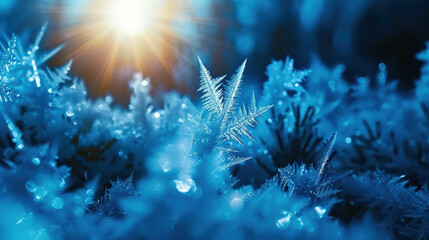 Poster - Frosty ice details on glass create stunning close up view, showcasing intricate patterns and sparkling textures illuminated by soft sunlight. scene evokes sense of winter wonder