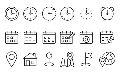 Poster - time, date and location editable stroke outline icons set. address line icons and navigation outline