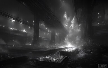 Poster - A dramatic, dark industrial landscape with towering structures and swirling light effects, evoking a sense of mystery and desolation.