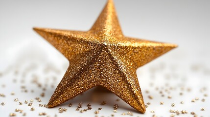 Leinwandbilder - Closeup of a shiny,glittering golden star-shaped Christmas ornament or against a bright white background. The metallic surface reflects light,creating a sparkling,festive.