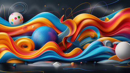 Aufkleber - Vibrant abstract design featuring colorful waves, spheres, and playful shapes, creating dynamic and energetic composition. Perfect for modern art enthusiasts
